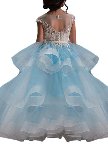 Long Ball Gown Tulle Lace Pageant Flower Girl Dresses with Sleeves
