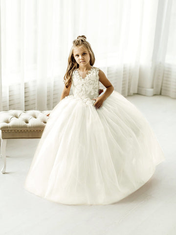 Long Ball Gown Tulle Lace Sleeveless Flower Girl Dress with Bow
