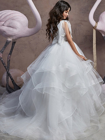 Long Ball Gown V Neck Tulle Party Birthday Flower Girl Dresses