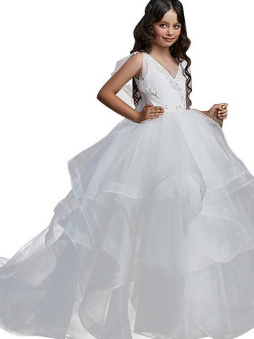 Long Ball Gown V Neck Tulle Party Birthday Flower Girl Dresses