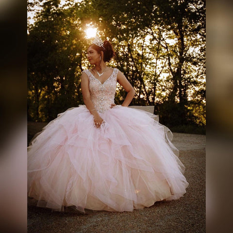 Long Ball Gown V-neck Tulle Quinceanera Dress