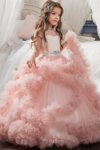 Long Ball Gown Violet Scoop Neck Flower Girl Dresses with Sleeves