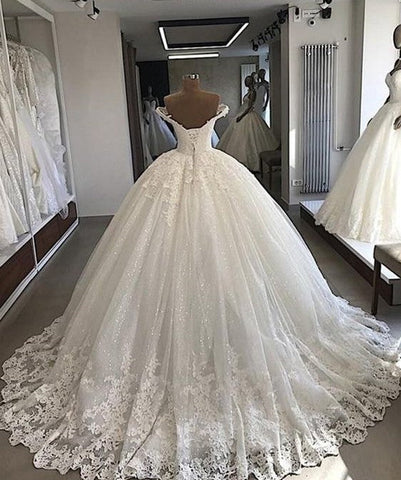 Long Ball Gowns Off-the-shoulder Lace Tulle Wedding Dresses