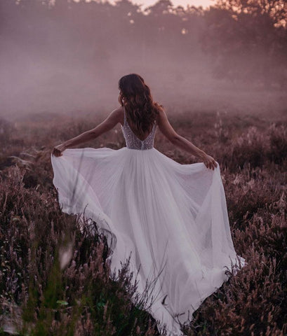 Long Boho A-line V-neck Chiffon Tulle Glitter Open Back Wedding Dress