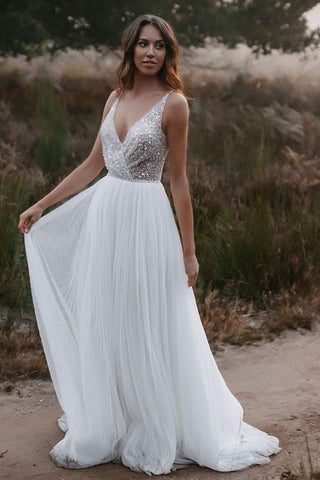 Long Boho A-line V-neck Chiffon Tulle Glitter Open Back Wedding Dress