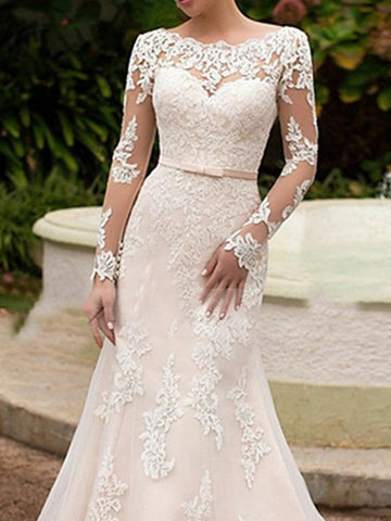 Long Mermaid Bateau Neck Sweep Brush Train Lace Wedding Dresses with Sleeves