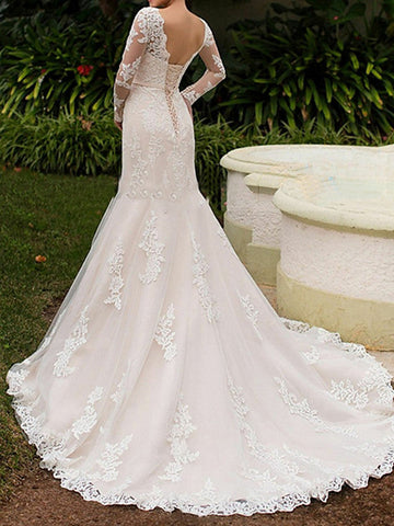 Long Mermaid Bateau Neck Sweep Brush Train Lace Wedding Dresses with Sleeves