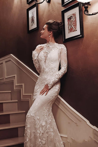 Long Mermaid High Neck Appliques Lace Backless Wedding Dress with Sleeves