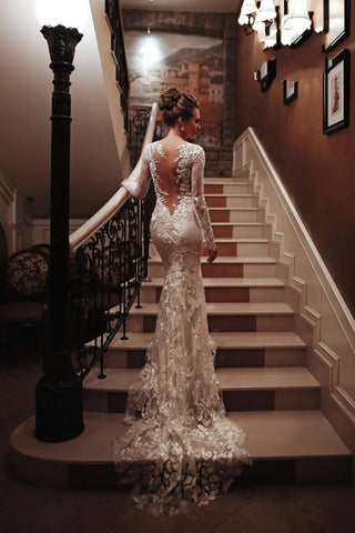 Long Mermaid High Neck Appliques Lace Backless Wedding Dress with Sleeves