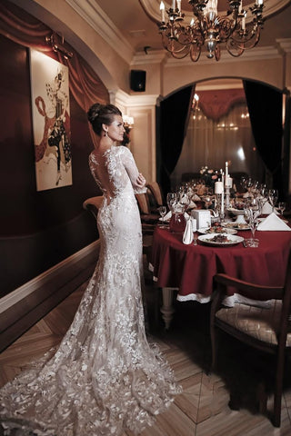 Long Mermaid High Neck Appliques Lace Backless Wedding Dress with Sleeves