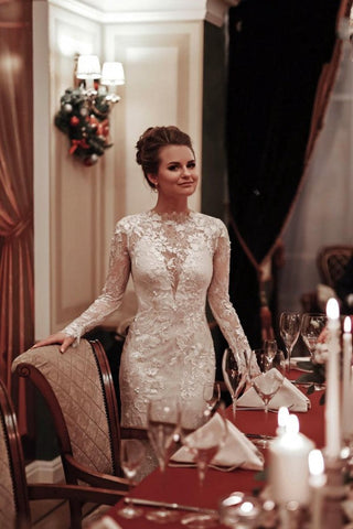 Long Mermaid High Neck Appliques Lace Backless Wedding Dress with Sleeves