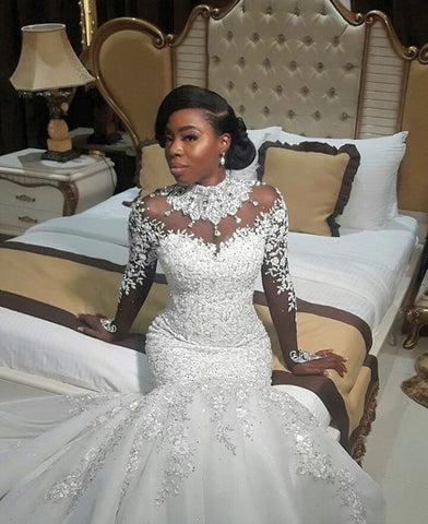 Long Mermaid High Neck Beads Lace Appliques Wedding Dress with Sleeves