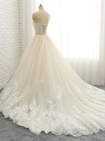 Long Mermaid Jewel Neck Chapel Train Tulle Lace Wedding Dresses