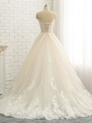 Long Mermaid Jewel Neck Chapel Train Tulle Lace Wedding Dresses
