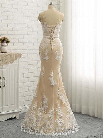 Long Mermaid Jewel Neck Chapel Train Tulle Lace Wedding Dresses