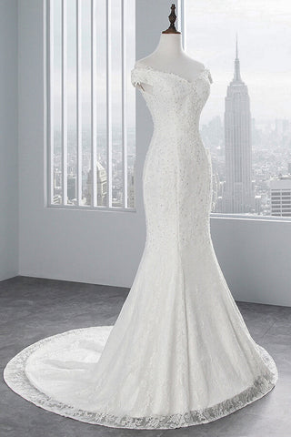 Long Mermaid Lace Off Shoulder Lace-up Wedding Dress