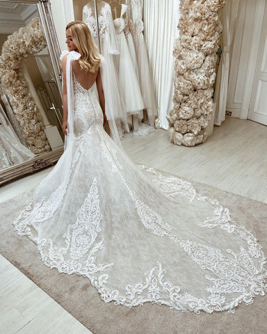 Long Mermaid Lace Sweetheart Backless Wedding Dress with Sweep Train