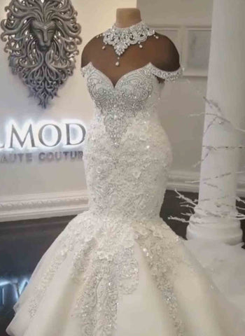 Long Mermaid Off-the-Shoulder Appliques Crystals Wedding Dress