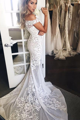 Long Mermaid Off The Shoulder Appliques Sweep Train Wedding Dress