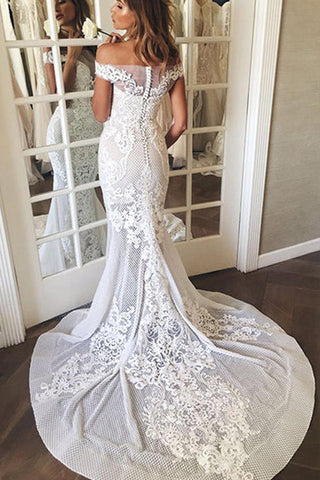 Long Mermaid Off The Shoulder Appliques Sweep Train Wedding Dress