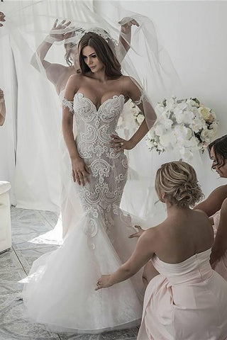 Long Mermaid Off-the-Shoulder Tulle Lace Wedding Dresses