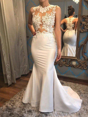 Long Mermaid Satin Applique Lace Court Train Wedding Dresses