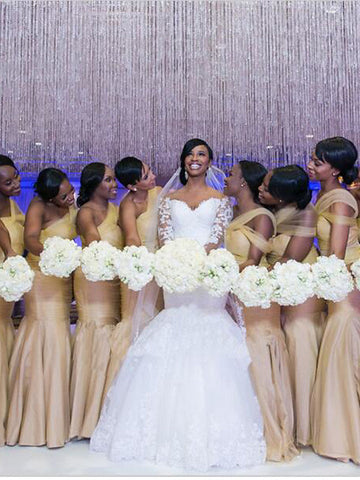 Long Mermaid Scoop Neck Court Train Organza Wedding Dresses with Sleeves