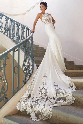 Long Mermaid Spaghetti Strap Lace Backless Wedding Dress