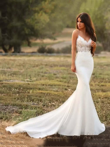 Long Mermaid Spaghetti Strap V Neck Satin Lace Wedding Dresses