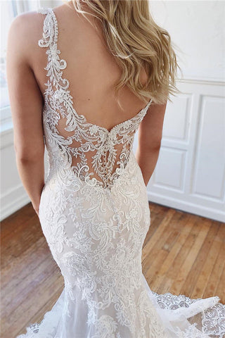 Long Mermaid Sweetheart Lace Appliques Backless Wedding Dresses