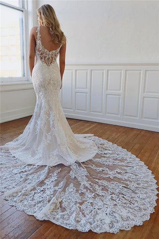 Long Mermaid Sweetheart Lace Appliques Backless Wedding Dresses