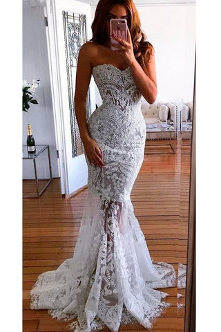 Long Mermaid Sweetheart Lace Appliques See through Wedding Dress