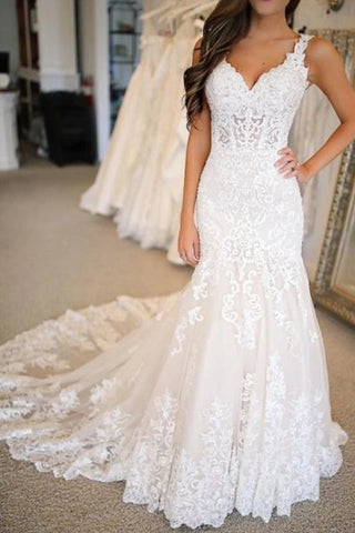 Long Mermaid Sweetheart Wedding Dresses With Appliques Lace