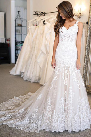 Long Mermaid Sweetheart Wedding Dresses With Appliques Lace