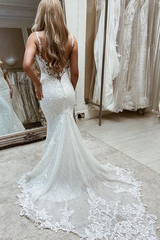 Long Mermaid Tulle Sleeveless Backless Wedding Dresses with Appliques Lace