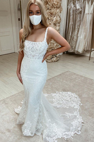 Long Mermaid Tulle Sleeveless Backless Wedding Dresses with Appliques Lace
