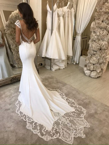 Long Mermaid V-neck Appliques Lace Satin Backless Wedding Dress