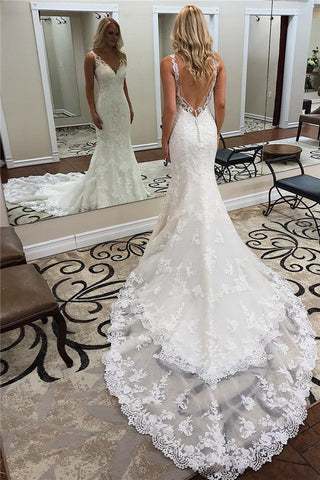 Long Mermaid V Neck Backless Applique Lace Charpel Train Wedding Dresses