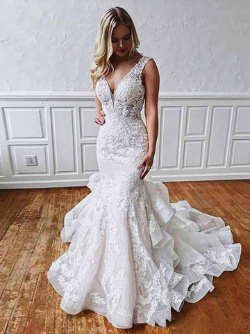 Long Mermaid V Neck Backless Lace Wedding Dresses