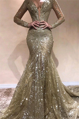 Long Mermaid V-neck Sequined Prom Dress with Sleeves