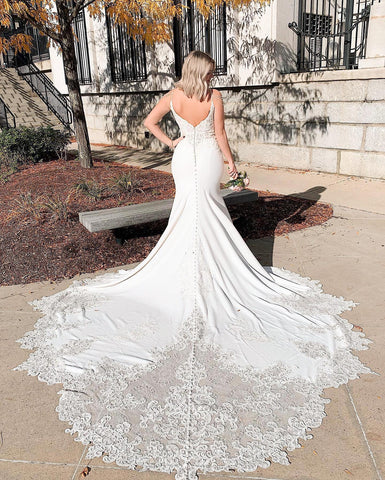 Long Mermaid V-neck Spaghetti Straps Appliques Lace Backless Wedding Dress