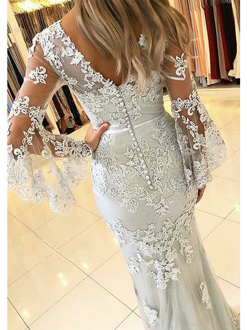 Long Mermaid V Neck Sweep Brush Train Lace Tulle Prom Dress with Sleeves