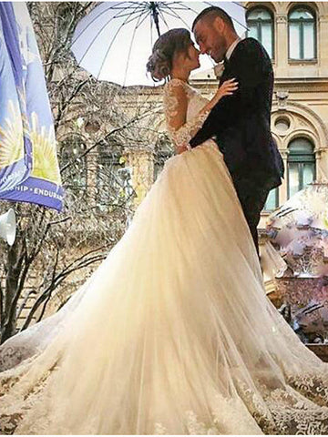 Long Mermaid V Neck Sweep Brush Train Lace Tulle Wedding Dresses with Sleeves