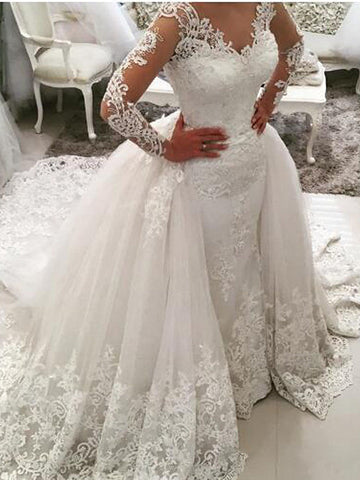 Long Mermaid V Neck Sweep Brush Train Lace Tulle Wedding Dresses with Sleeves