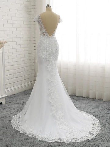 Long Mermaid V Neck Tulle Lace Backless Wedding Dresses with Cap Sleeves