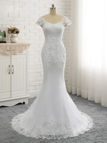 Long Mermaid V Neck Tulle Lace Backless Wedding Dresses with Cap Sleeves