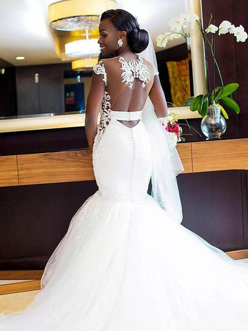 Long Mermaid V Neck Tulle Lace Chapel Train Backless Wedding Dresses