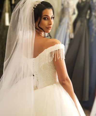 Long Princess Off-the-shoulder Beading Backless Tulle Wedding Dress With Tassel