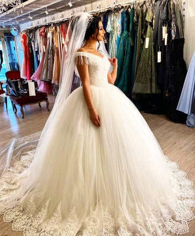 Long Princess Off-the-shoulder Beading Backless Tulle Wedding Dress With Tassel