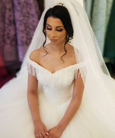 Long Princess Off-the-shoulder Beading Backless Tulle Wedding Dress With Tassel